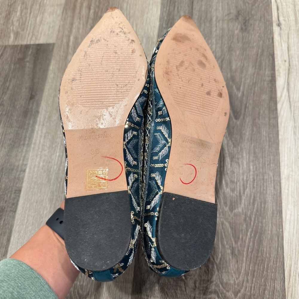 Sundance Amalia Embroidered Flats Womens 39 Point Toe Blue Sequined Cocktail - Picture 6 of 7